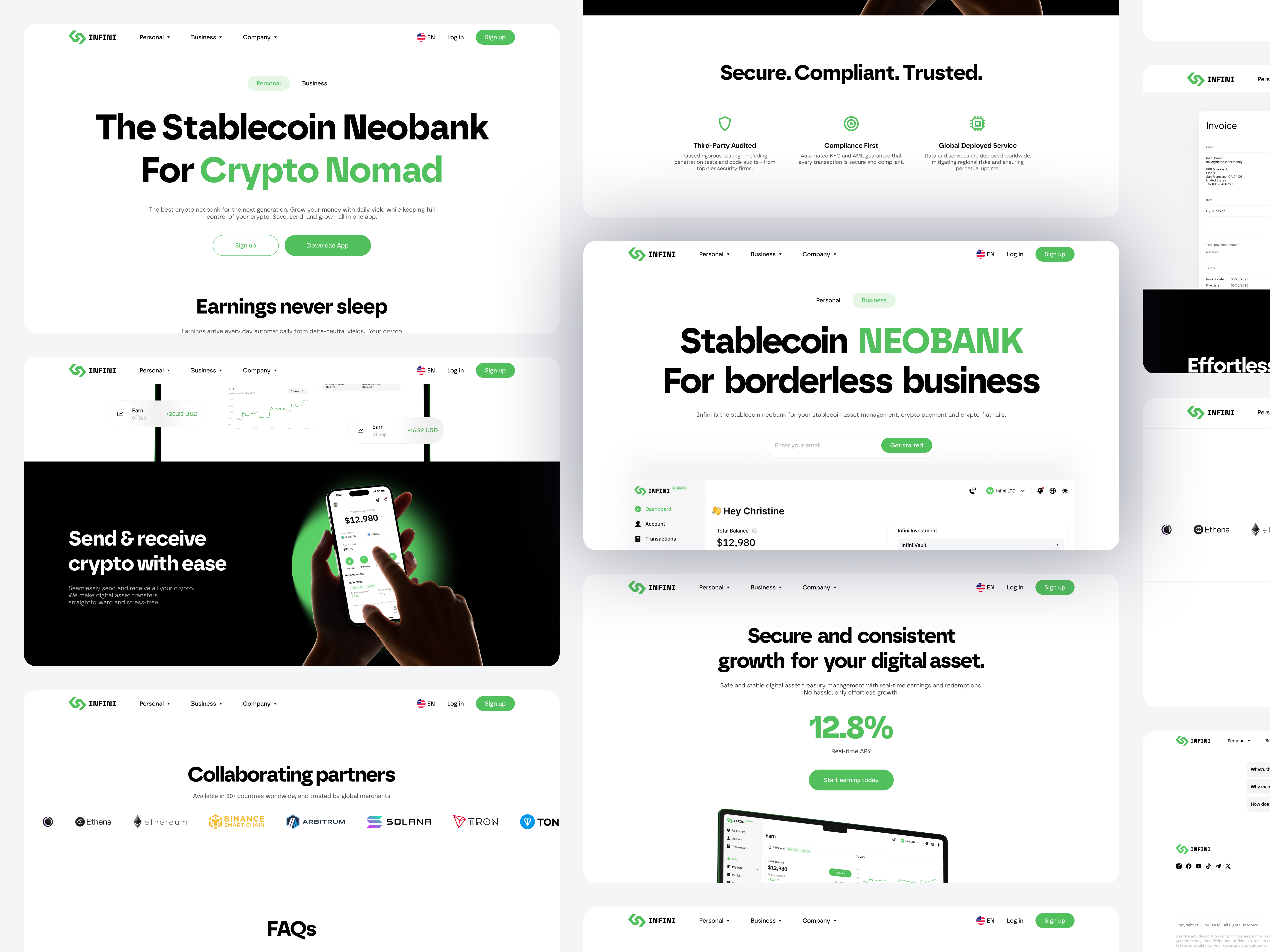 Infini 2.0 for Business | Stablecoin Neobank | Landing page bank bitcoin blockchain branding btc crypto currency design homepage landing page minimal minimalist money pay payment ui wallet web website