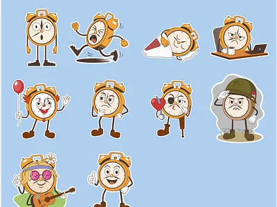 Sticker pack for Telegram Mr.Clock character illustration stickers ve vector