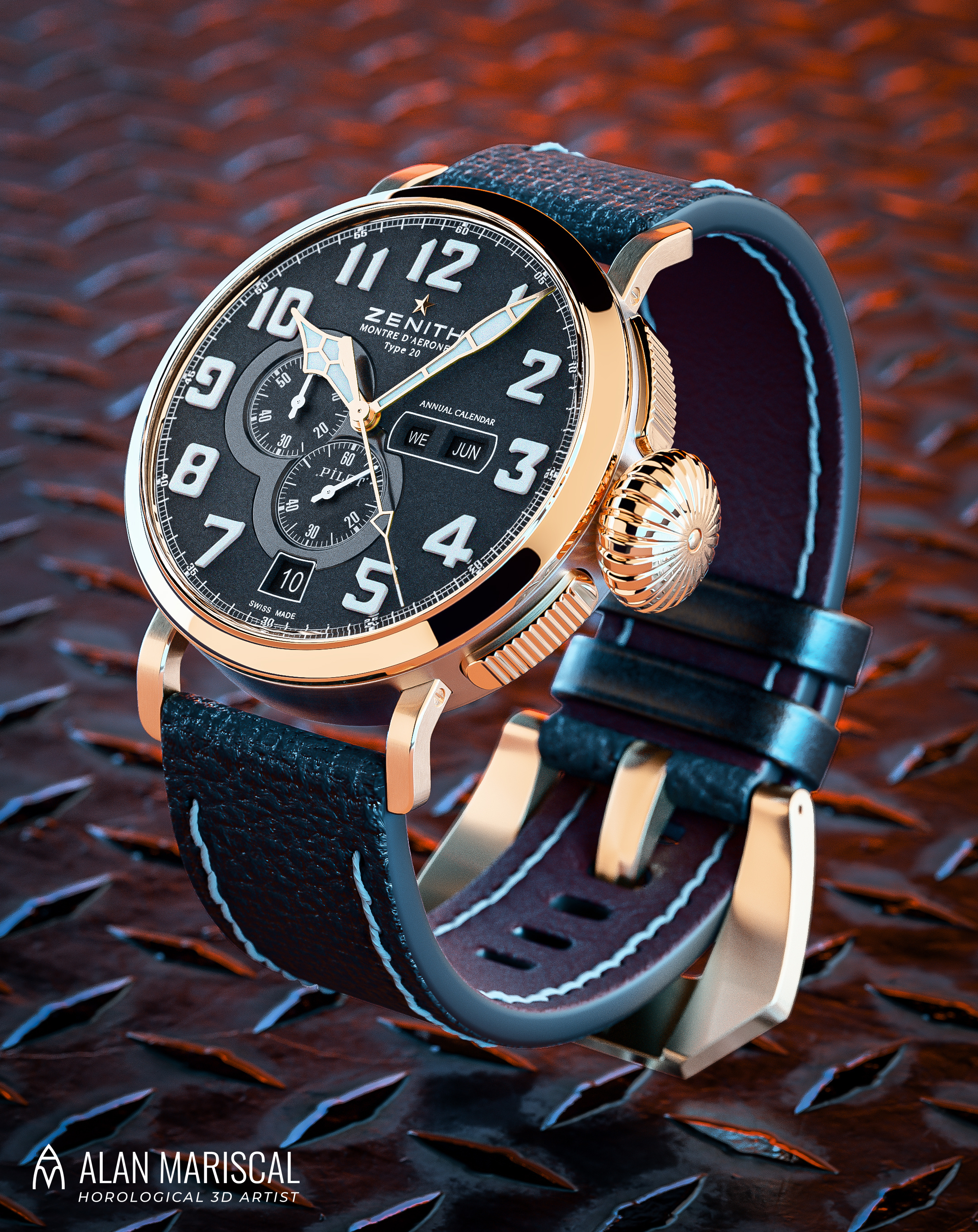Zenith Pilot Wristwatch Product Visualization - Advertising 3d 3dartist advertisement artdirection cad cgi horology jewelry productvisualization timepiece watches zenith