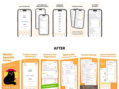 App Store Screenshots Update after app app store appstore before before and after conjugato design graphic design mobile app screenshot design screenshots spanish learning update