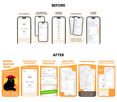 App Store Screenshots Update after app app store appstore before before and after conjugato design graphic design mobile app screenshot design screenshots spanish learning update