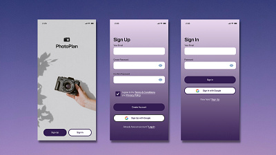 PhotoPlan Sign Up/Sign In flow app branding branding and identity logo ui