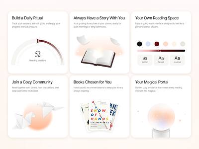 Bento Grid for Reading App app bento book app book club books branding clean design graphic design grid illustration magic page product reading reading app ui ux web
