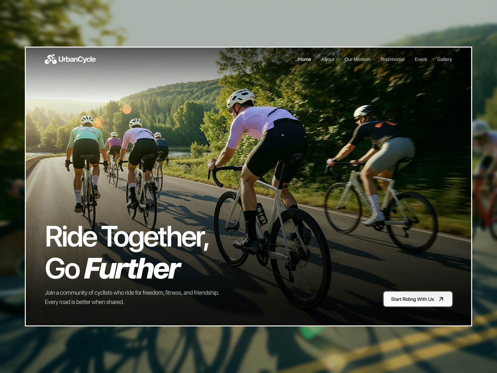 Urban Cycle - Cycling Comunity Landing Page adventure bike bold clean community cycling cycling club event website fitness health lifestyle minimalism modern website outdoor riders community sports wellness