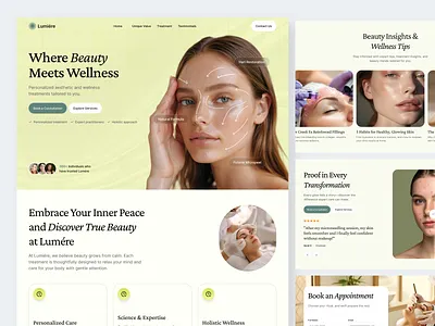 Lumiére - Beauty Clinic Landing Page aesthetic clinic beauty clinic clean design clinic booking cosmetic dermal filler dermatology website facial aesthetics facial treatment healthcare injectables landingpage laser treatment medical landing page medspa website minimalism skin clinic skin rejuvenation web design wellness clinic