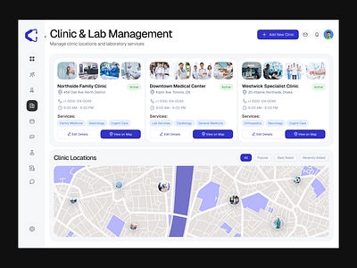 Clinico - Dashboard UX/UI Design for Clinic & Lab Management admin panel clean ui clinic management dashboard ui design healthcare app healthtech lab services map integration medical web app minimal online healthcare product design redesign ui design ux design uxui design