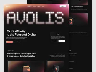 Avolis - Landing Page clean decentralized defi digital platform emura studio futuristic ui landing page minimal minimali modern design modern web3 nft web product design product landing saas smart contract ui uiuxdesign web3 web3 design