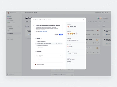 Create New Task PopUp assign task attachment breadcrumb clean ui create task dashboard kanban board minimal pop up productivity webapp project management saas saas tool schedule task task app task description task grid view to do webapp wecraft