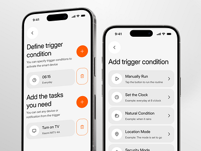 MiHome - Smart Home Mobile App Create Routine ai app automations clock design electronics iot minimal mobile modern routine saas smarthome task technology trigger ui ux xiaomi