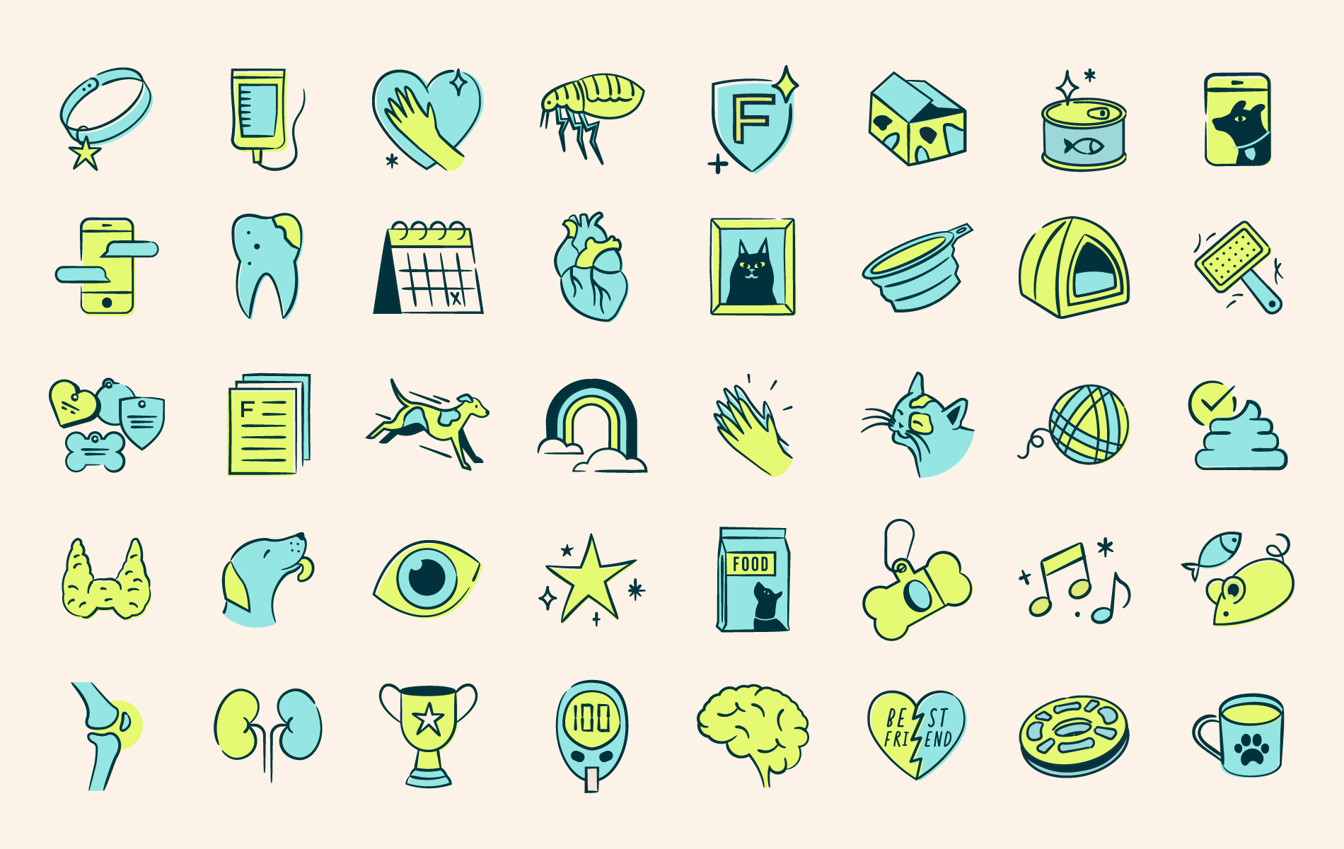 Whimsical Pet Insurance Icons bright cats colorful dogs doodle feminine hand drawn icon set icons illustration insurance minimal pet pet tags rainbow simple tag whimsy