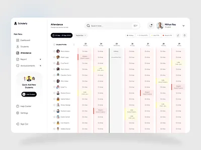 Scholarly- Student Attendance Dashboard UI app attendance attendance dashboard ui branding clean design dashboard ui edtech dashboard homepage looking for a uiux designer minimal design student attendance student attendance dashboard ui student management dashboard ui ui design ux design website