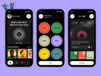 AI Music Generation App – Create, Customize, Share ai app ai generation ai music app app design application darktheme interface mobile design mobile ui music application music player player playlist popular soundcloud spotify ui ui design uiux ux