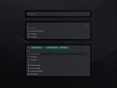 Search by tags chips dark theme dropdown navigate by keyboard recent searches search suggestions ui web