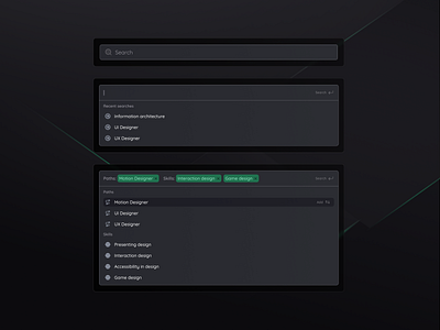 Search by tags chips dark theme dropdown navigate by keyboard recent searches search suggestions ui web