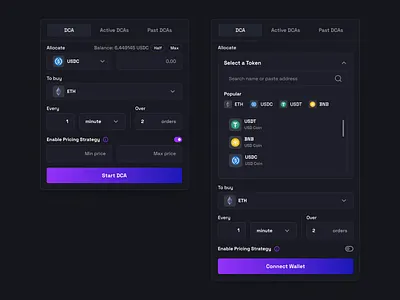 Crypto DCA Trading UI crypto dark mode dca dollar cost average investing product design token ui design