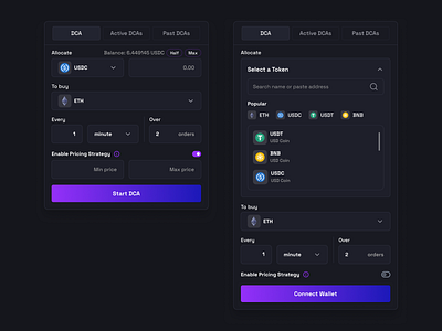 Crypto DCA Trading UI crypto dark mode dca dollar cost average investing product design token ui design