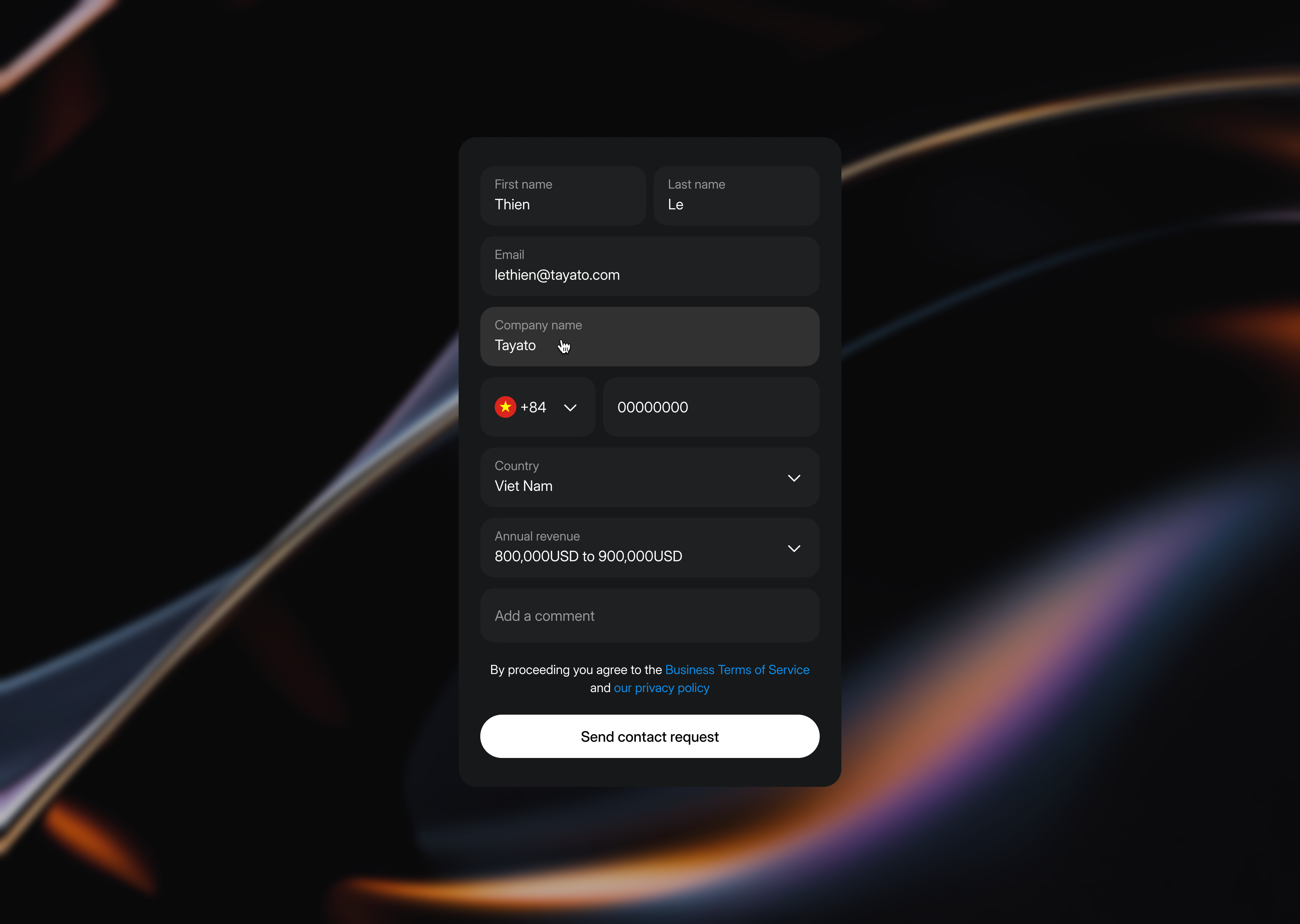 Dark Theme Contact Form branding darktheme finance landingpage minimal modern productdesign typography ui uidesign uiux website