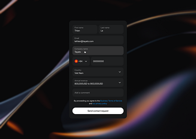 Dark Theme Contact Form branding darktheme finance landingpage minimal modern productdesign typography ui uidesign uiux website