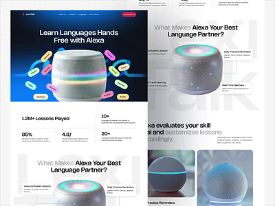 LexiTalk - Language Learning Alexa Skill Landing Page UI/UX ai ai agent alexa amazon alexa animation artificial intelligence copilot google assistant homepage design kids learning device landing page design language learning multi language multilingual scroll animation siri uidesign voice assistant website design