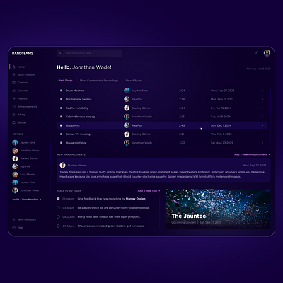 Web App UI for Bands & Song Management app design band management bands creative platform dashboard dashboard design digital product music app music collaboration music dashboard player productivity app saas saas design sidebar song writing app songs list to do list ui ux web app