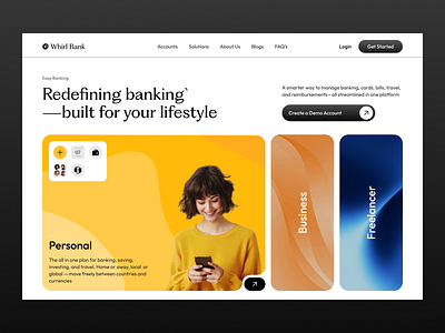 Whirl`Bank Header ui abstract app app ui banking header branding digital banking e banking figma finance graphic design header ui illustration investing landing page minimal ui payment saas landing page ui ux xd