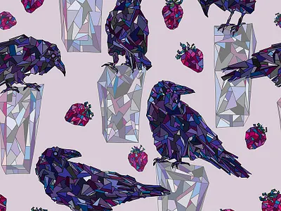 Crows and strawberries seamless pattern abstract birds crows design drawing fabric ice illustration pattern seamless strawberries textile vector
