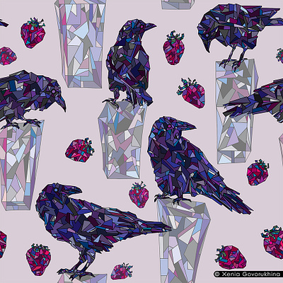 Crows and strawberries seamless pattern abstract birds crows design drawing fabric ice illustration pattern seamless strawberries textile vector