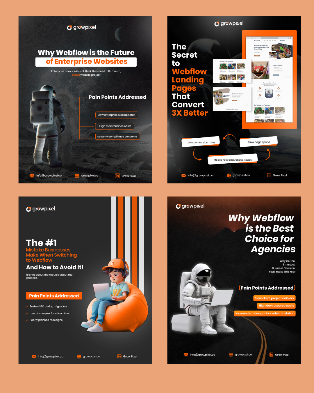 Social Media Creatives: Webflow campaign posts -Branding animation branding creatives design graphic design landing page social media management web design webflow