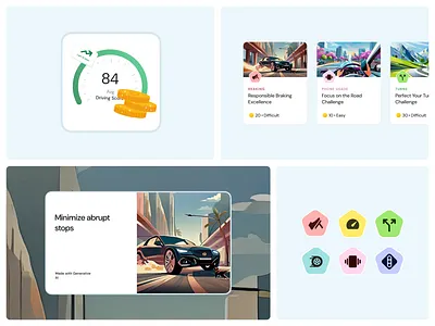 Gamified Driving App - UI/UX Design ai ai images carousel cards driver application driver rewards gamification gamified application illustrations leaderboard challenges mobile application rewards rewards ui ui ui design ux