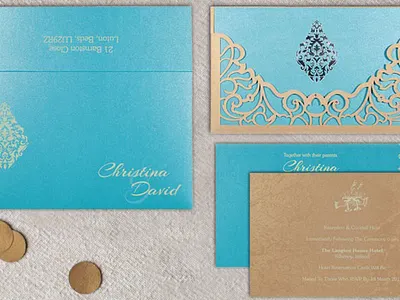 Moderate Orange Shimmery Damask Themed Laser Cut Wedding Card