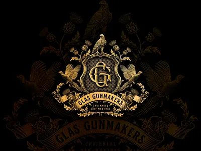 Glas Gunmakers - Coat of Arms Design branding coat of arms crest design eagle etching graphic design hand drawn heraldic heraldry hunting illustration line art logo pheasant scotland shield typography