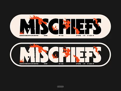 Mischiefs skate deck branding burning deck design flames graphic design identity illustration mischief skate skateboard tupography typographic