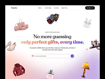 Surprise - AI Gift Finding website ai ai gift finder ai landing ai product design ai website design artificial intelligence clean ui ux conversion focused ui digital product ui ecommerce figma design gift website interactive ui minimal web design product design ui responsive ui ux tech website design uiux design user experience design web design