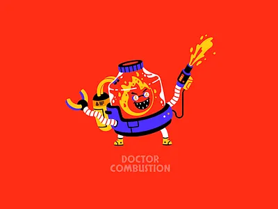 Doctor Combustion character character design claw combustion doctor exoskeleton fire flame flamethrower glass illustration illustrator mad scientist mech procreate suit tank thierry fousse