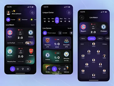 Football Sports Mobile App UI Design | Modern Sports App Concept app concept app design football football app football ui ios live score app match tracker app mobile mobile app modern mobile app sports sports app sports club app sports mobile app