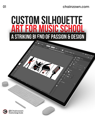 Music in Motion—Custom Silhouette Art artformusic blackandred bolddesign chainzown creativestudio customartwork customillustration designforeducation instrumentart musicdesign musicschool printready silhoutteart vectorart