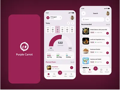 Purple Carrot-Meal planner iOS mobile app achieve goal fitness body fat percentage calendar view meal plan calories tracker carbs tracker coaching fitness teacher fitness app fitness app meal planner fitness dashboard health ios app lost ibs meal planner meal planner app meal tracker app measurement screen medical app todays meals track progress track progress screen water tracker app