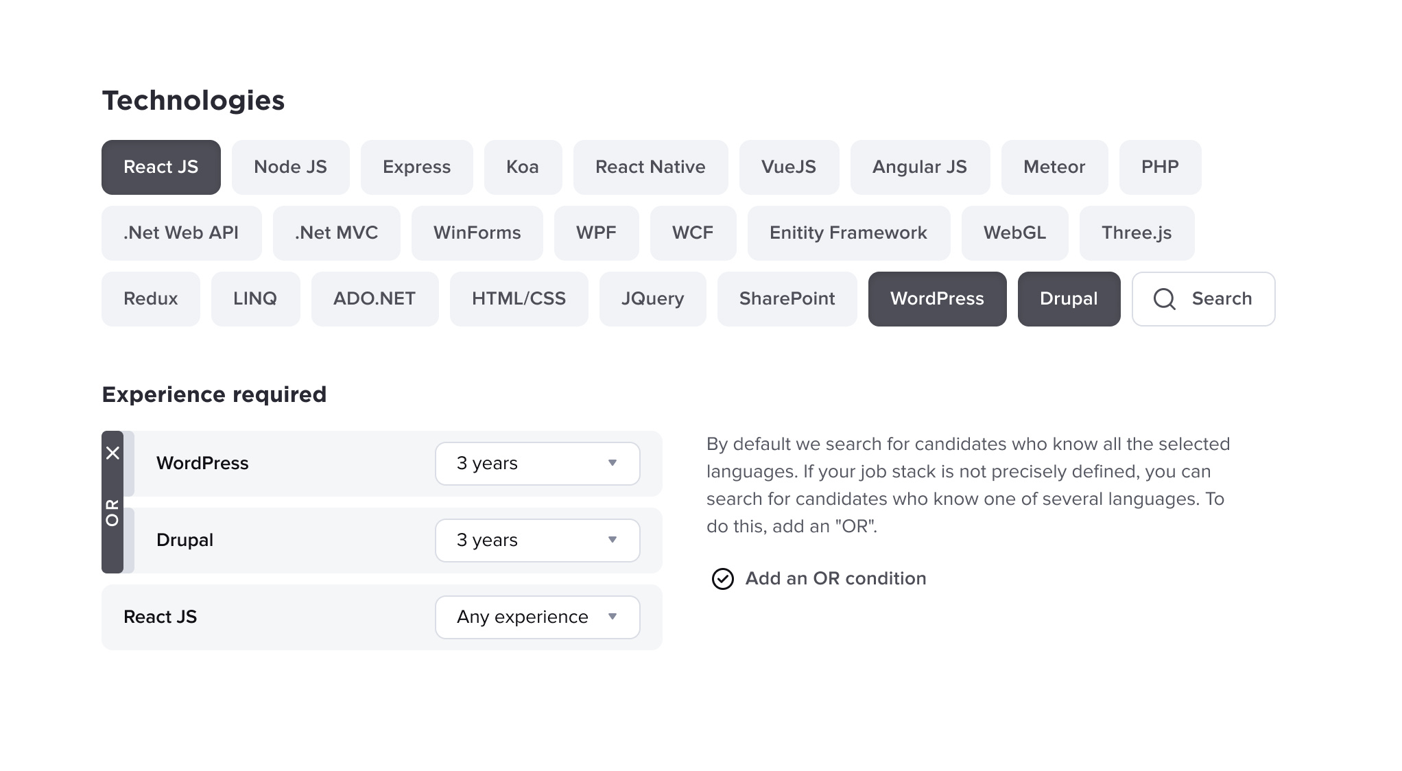 OR condition in the required experience chips or or condition ui