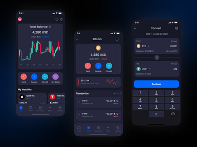 Crypto Wallet App app design clean ui crypto app dark theme design syestem designiner figma figma ui mobile app product design ui design uiux uiux design user friendly design ux design