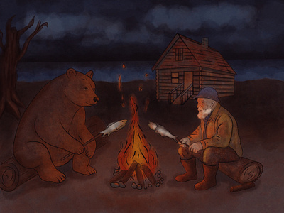 Fisherman and Fisherbear 🐻 animal illustration autumn autumn scene bear book illustration cozy forest graphic design illustration kids books lake man surreal watercolor brush whimsical