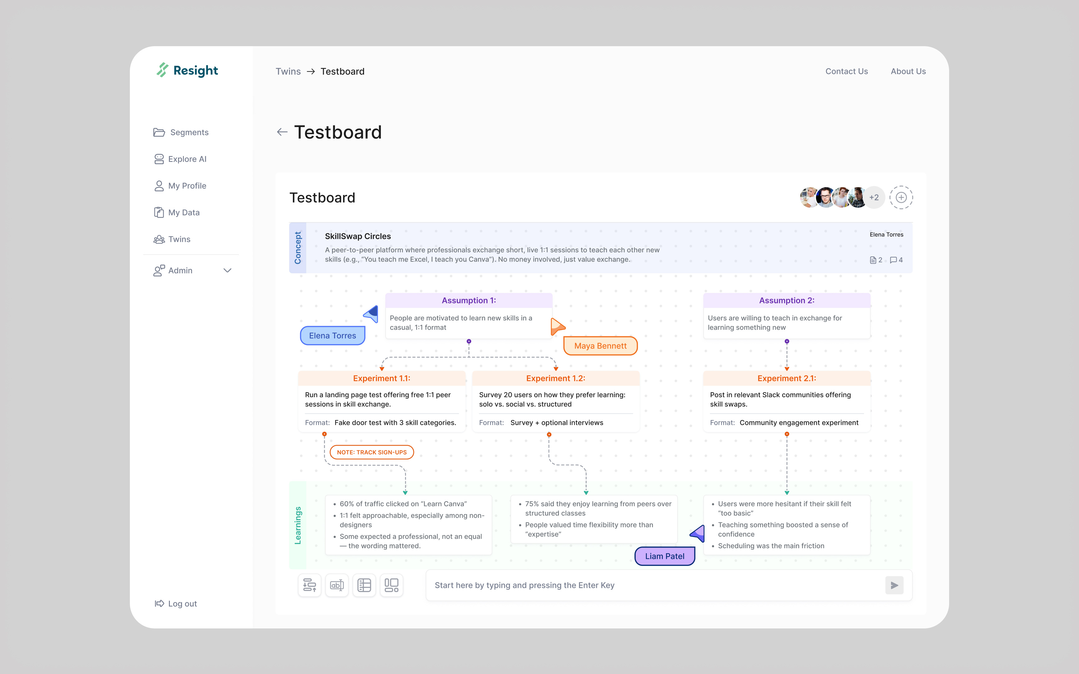 Testboard Dashboard – Experiment Mapping UI ai ai powered b2b b2c board branding charts constructor dashboard figma saas team members test test board user flow visualisation
