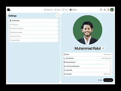 B® — UI/UX for Real Estate Dashboard Settings Page admin panel design dashboard design data visualization ui home rental dashboard housing app design modern ui product design profile settings design property listing design property management ui property search ui real estate crm real estate dashboard real estate platform responsive design saas design settings page ui smart property app uiux design waxyweb