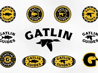 Gatlin Guides Logo Badge Suite fishing graphic design hunting illustration logo badges logo collection masculine merchandise outdoor sharp typography vector yellow