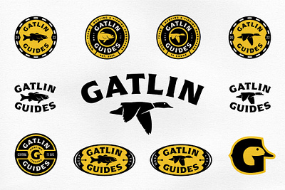 Gatlin Guides Logo Badge Suite fishing graphic design hunting illustration logo badges logo collection masculine merchandise outdoor sharp typography vector yellow