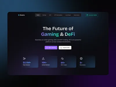 Exora – Web3 Gaming & DeFi Platform Landing Page blockchain clean design crypto defi gaming landing page minimal modern design nft product design startup tech ui ui design ux web web design web3
