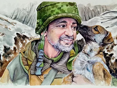 Original Watercolor Painting, Ukrainian Soldier with Dog, War art dog hand painted handmade paint painting soldier ukraine war