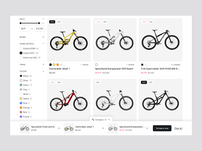 Velomotion – Bike Store (Product Comparison) – Online Store bike card color compare design ecommerce figma filter grid price product remove shop store tag ui ux web