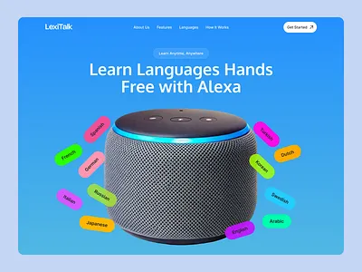 Alexa - AI-Driven Language Learning Device Hero UI/UX Design ai assistant alexa amazon animation artificial intelligence branding colorful design graphic design hero design hero section kids friendly design learning assistant multi language support new language learning smart device voice assistant voice command voice control web design wireless device