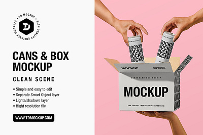 Cans and a Box Mockup PSD FOR DISPLAY box box mockup branding cans cardboard box design drink energy can female hands holding mockup illustration macbook mockup mockup packaging soda can mockup template templates for instagram