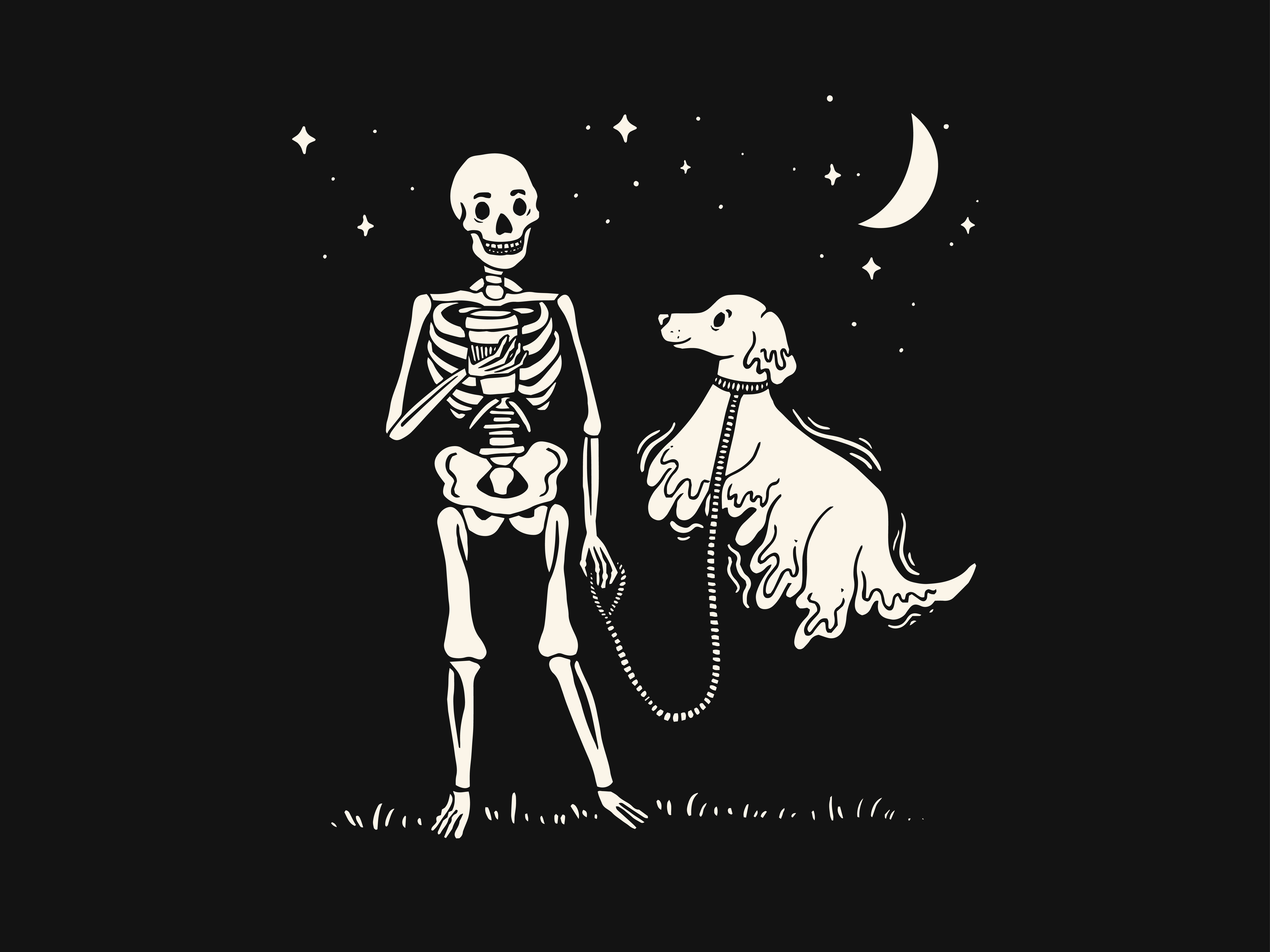 Soul Pup Illustration for Grounds & Hounds black and white bones coffee dog dog lover fall grounds and hounds halloween illustration merchandise monochrome moon night puppy skeleton soul pup spooky season stars walk walking